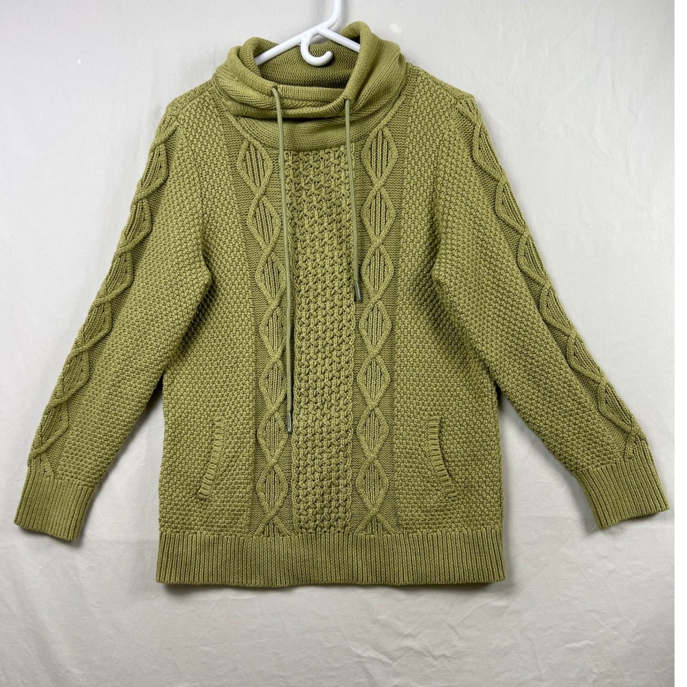 LL Bean Signature Sweater Women L Green Cable Knit Cowl Neck Cotton Pockets